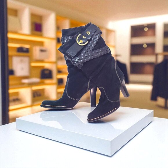 Vintage COACH Randie Belted Slouch Boots black suede 8 - Picture 11 of 12